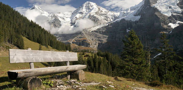 Photography Poster featuring the photograph Bench With Mt Eiger And Mt Monch by Panoramic Images