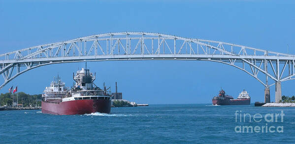 Freighter Poster featuring the photograph Blue Water Bridge and Freighters by Ann Horn