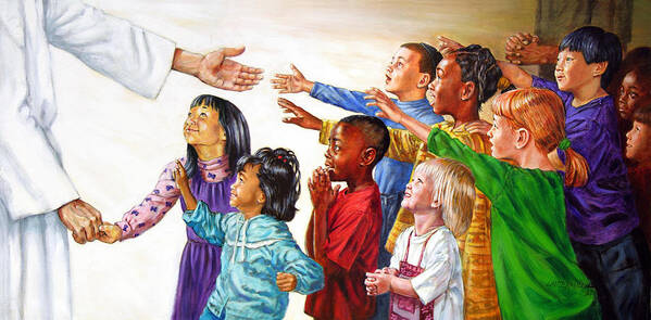 Jesus Poster featuring the painting Children Coming to Jesus by John Lautermilch