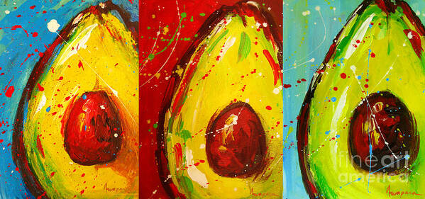 Modern Avocado Art Poster featuring the painting Crazy Avocados triptych by Patricia Awapara