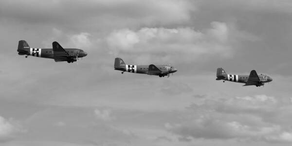 D-day Poster featuring the photograph D-Day Skytrain trio black and white version by Gary Eason