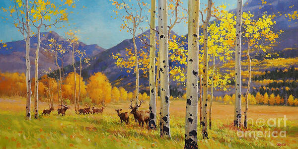 Elk Herd Poster featuring the painting Elk Herd In Aspen Grove by Gary Kim
