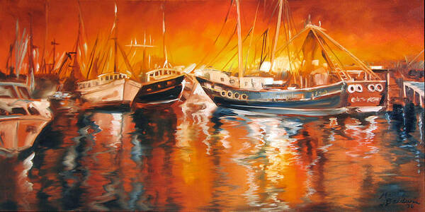 Louisiana Poster featuring the painting Fishing Boats at Dusk by Marcia Baldwin