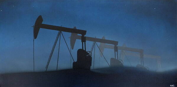 Night Sky Stars Mist Dunes Pump Oil Industry Landscape Petrol Bp Esso Shell Blue Rig Poster featuring the painting Nocturnal donkeys by Guy Pettingell