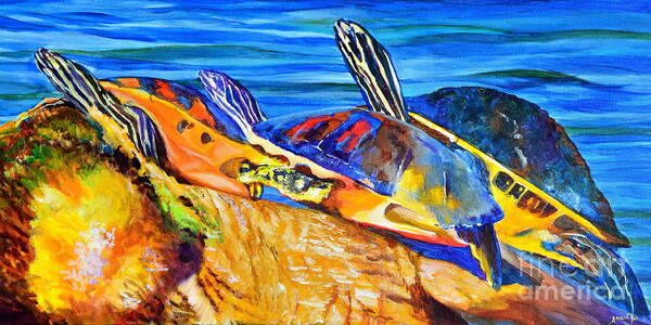 Three Poster featuring the painting Painted Turtles by AnnaJo Vahle