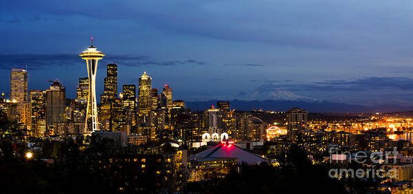 Seattle Poster featuring the photograph Panoramic Skyline of the Beautiful City of Seattle by Mary Jane Armstrong