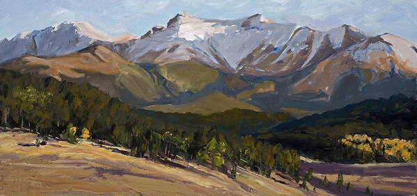 Rocky Mountains Poster featuring the painting Pikes Peak Panoramic by Mary Giacomini