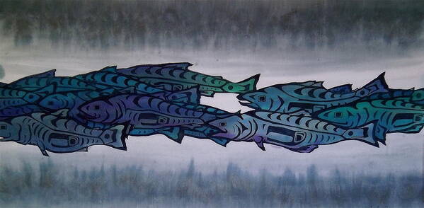 Salmon Poster featuring the tapestry - textile Salmon Passing by Carolyn Doe