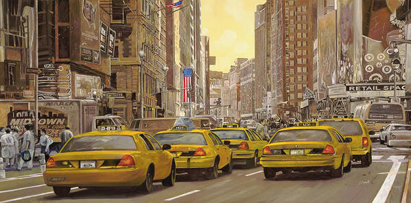 New York Poster featuring the painting yellow taxi in NYC by Guido Borelli