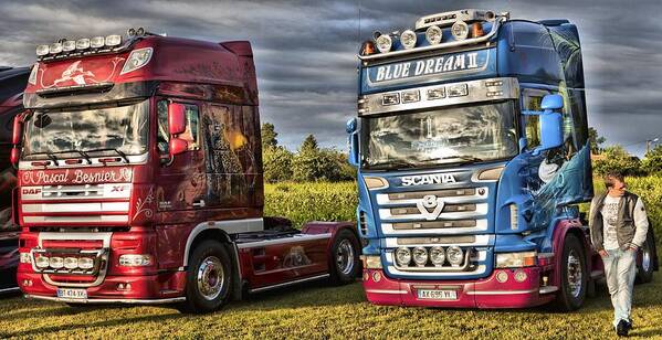 Cab Poster featuring the photograph Two European cabover trucks at show in France. DAF and Scania by Mick Flynn