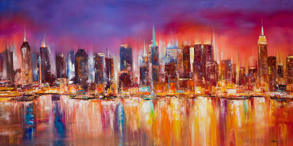 Nyc Paintings Poster featuring the painting Vibrant New York City Skyline by Manit