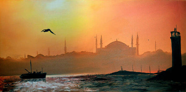 Landscape Poster featuring the painting Blue Mosque at Sunset by Rafay Zafer