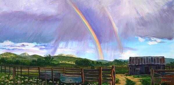 Clouds Poster featuring the painting Summer rain at the Ranch by Rita Lackey