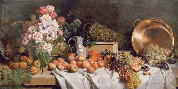Still Poster featuring the painting Still life with flowers and fruit on a table by Alfred Petit