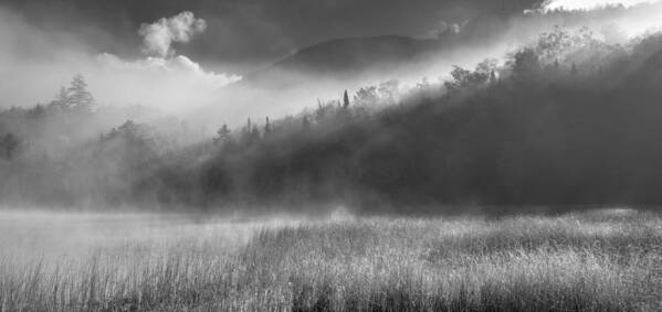 300 Adirondack Misty Morning #2 B&w Adirondacks New York United States Usa Sky Clouds Mist Fog Beams Rays Pano Panorama Tree Trees Mountain Mountains Flora Landscape Peak Peaks Outside Lake Water Outdoors Field Monochrome Fields Cloudy Day Fall Horizontal Wide Panoramic Silver Silvery Monochrome Vista Vistas Country Steve Steven Maxx Photography Photo Photographs Poster featuring the photograph Adirondack Misty Morning #2 by Steven Maxx