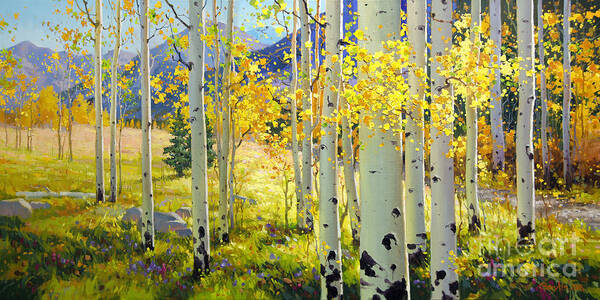 Aspen Oil Painting Birch Trees Gary Kim Oil Print Art Woods Fall Autumn Tree Panorama Sunset Beautiful Beauty Yellow Red Orange Fall Leaves Foliage Autumn Leaf Color Mountain Oil Painting Original Art Horizontal Landscape National Park America Morning Nature Wallpaper Outdoor Panoramic Peaceful Scenic Sky Sun Time Travel Vacation View Season Bright Autumn National Park Southwest Mountain Clouds Cloudy Landscape Afternoon Aspen Grove Natural Peak Painting Oil Original Vibrant Texture Reflections Poster featuring the painting Afternoon Aspen Grove by Gary Kim