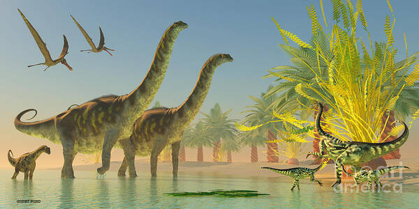 Argentinosaurus Poster featuring the painting Argentinosaurus in Lake by Corey Ford
