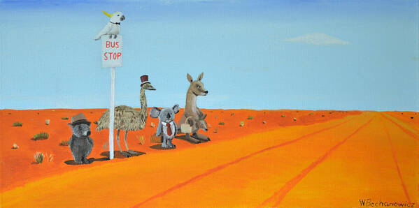 Aussie Outback Poster featuring the painting Aussie Outback Bus Stop by Winton Bochanowicz
