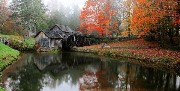 Mabry Mill Poster featuring the photograph Autumn Foggy Morning At Mabry Mill Virginia by Carol Montoya