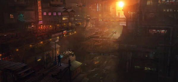 Scifi Poster featuring the painting Barcelona Smoke and Neons Districte Sant Joan by Guillem H Pongiluppi