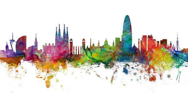 Barcelona Poster featuring the digital art Barcelona Spain Skyline Panoramic by Michael Tompsett