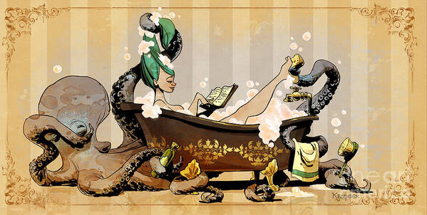 Steampunk Octopus Vintage Bath Poster featuring the digital art Bath Time With Otto by Brian Kesinger