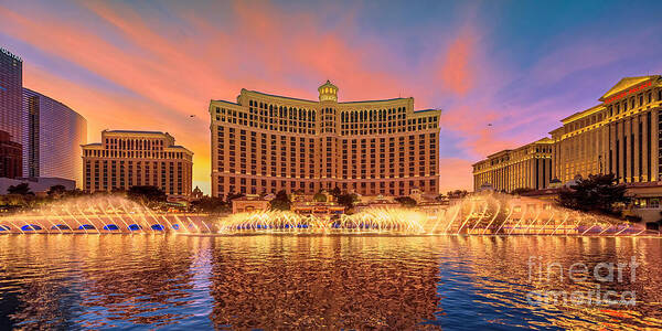 Bellagio Poster featuring the photograph Bellagio Fountains Warm Sunset 2 to 1 Ratio by Aloha Art