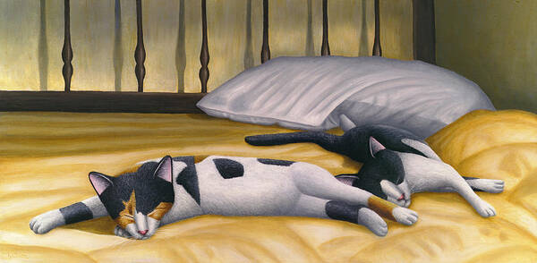 Calico Cat Poster featuring the painting Cats Sleeping on Big Bed by Carol Wilson