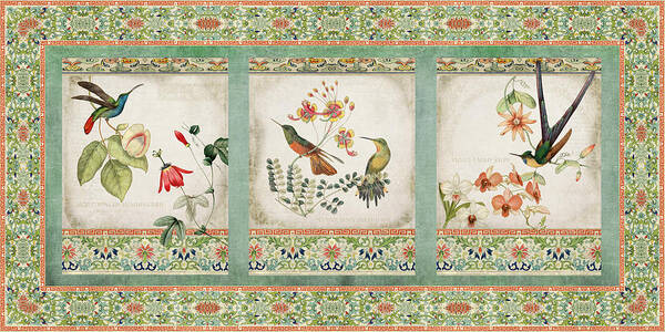 Chinese Ornamental Paper Poster featuring the digital art Triptych - Chinoiserie Vintage Hummingbirds n Flowers by Audrey Jeanne Roberts