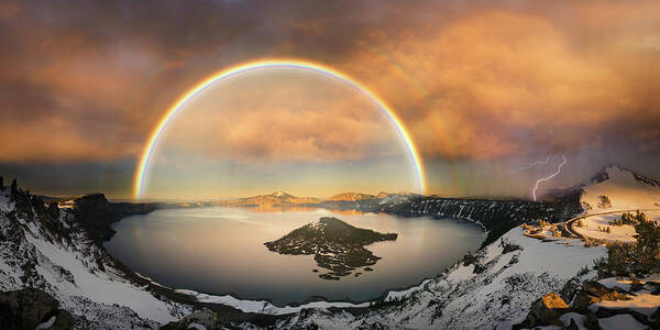 Crater Poster featuring the photograph Crater lake with double rainbow and lightning bolt by William Lee