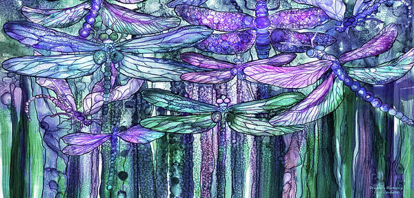 Carol Cavalaris Poster featuring the mixed media Dragonfly Bloomies 4 - Lavender Teal by Carol Cavalaris