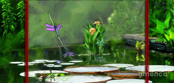 Nature Poster featuring the mixed media Dragons on the Pond by Lisa Redfern
