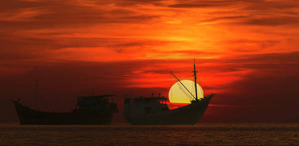 Sun Poster featuring the photograph Fishing Boats in sea by Pradeep Raja Prints
