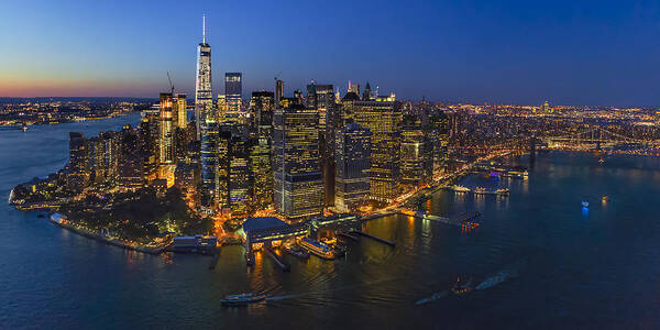 Aerial View Poster featuring the photograph Illuminated Lower Manhattan NYC by Susan Candelario