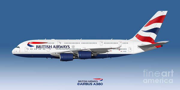Airbus Poster featuring the digital art Illustration of British Airways Airbus A380 - Blue Version by Steve H Clark Photography