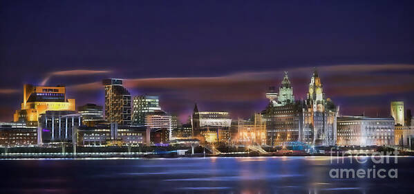 Liverpool England Poster featuring the mixed media Liverpool England Skyline by Marvin Blaine