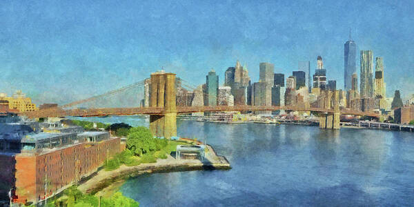 Brooklyn Bridge Poster featuring the digital art Lower Manhattan and the Brooklyn Bridge by Digital Photographic Arts