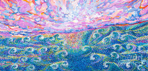 Fantasy Sky And Sea.a Wild Abstract Sky Full Of Amazing Cloud Drama And Color. Strange Sea Of Small Waves Moving Into The Sea Swells Rift Catching A Rainbow Reflected Colors From The Moon And Sky Above Poster featuring the painting Magic moon and Sea swell by Priscilla Batzell Expressionist Art Studio Gallery
