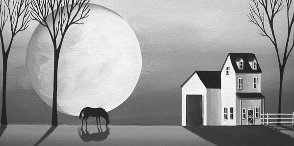 Art Poster featuring the painting Moon Grazing - folk art black white by Debbie Criswell