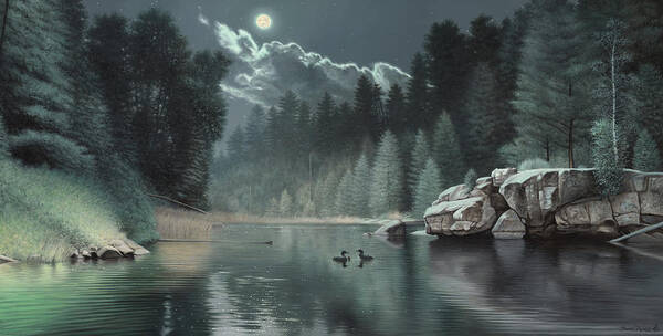 Loon Painting River Teal Green Rocks Boulder Pine Trees Forest Moon Cloud Wildlife Duck Loons Poster featuring the painting Moonlit Waters-Loons by Daniel Pierce