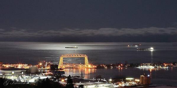 Great Lakes -lake Superior-duluth Mn-ships-moonlight-bridge-nightscape Poster featuring the digital art No Other by Gregory Israelson