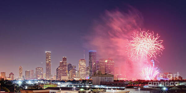 Downtown Poster featuring the photograph Panorama of Downtown Houston Skyline Fireworks on the 4th of July - Harris County Texas by Silvio Ligutti