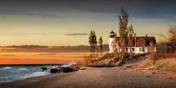 Art Poster featuring the photograph Panorama of Point Betsie Lighthouse at Sunset by Randall Nyhof