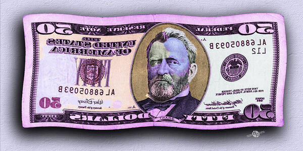 $50 Poster featuring the painting 50 Dollar Bill In The Wind Purple Pink Mirror Image Pop Art by Tony Rubino