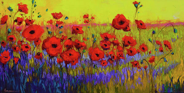 Colorful Wildflowers Poster featuring the painting Poppy Flower Field Oil Painting with Palette knife by Patricia Awapara