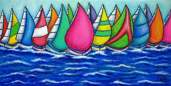  Boats Poster featuring the painting Rainbow Regatta by Lisa Lorenz