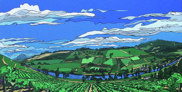 Landscape Poster featuring the painting River Valley Vineyard by John Gibbs