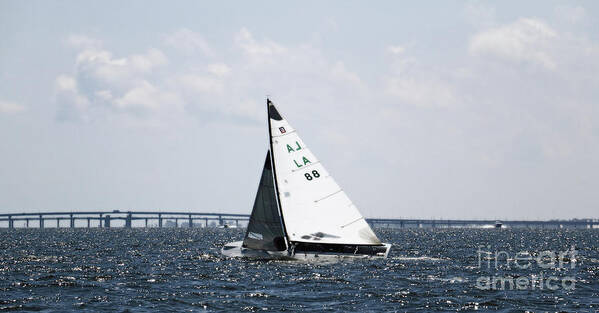 Landscape Poster featuring the photograph Sailboat and Bridge by Mary Haber