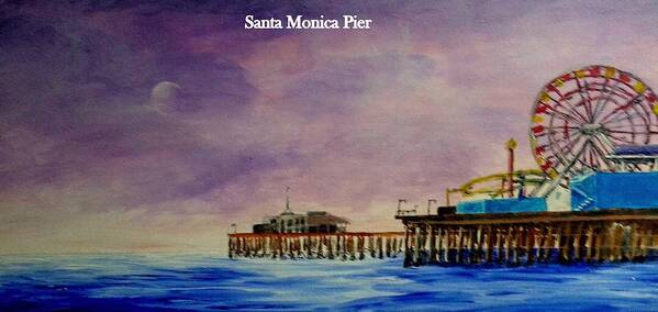 Greeting Card Poster featuring the painting Santa Monica Pier At Night by Irving Starr