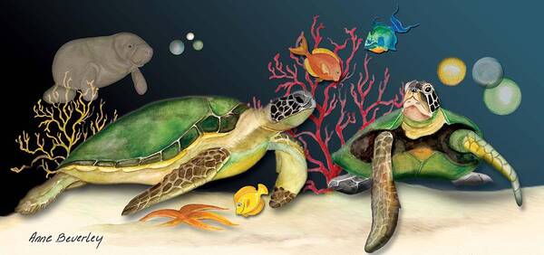 Sea Turtles Poster featuring the painting Sea Turtles by Anne Beverley-Stamps